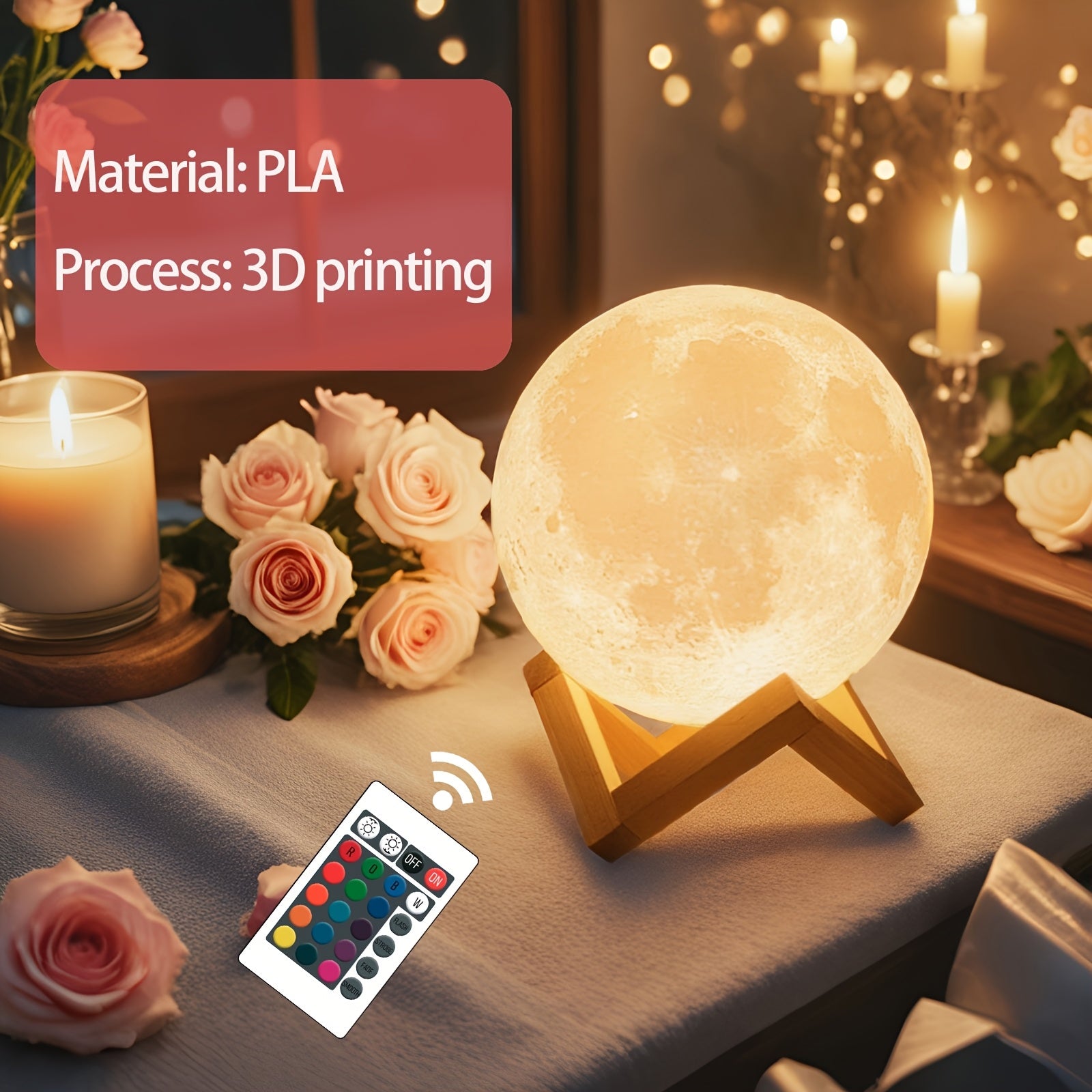 3D Printed Moon Lamp – 16-Color LED with Remote & Wooden Base