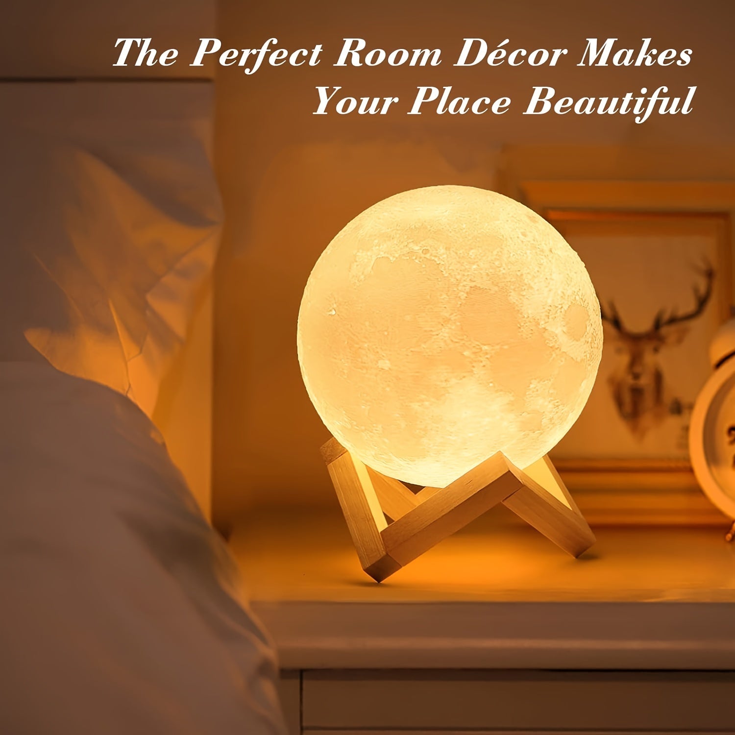 3D Printed Moon Lamp – 16-Color LED with Remote & Wooden Base