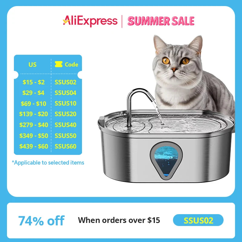 3.5L Stainless Steel Cat Water Fountain with LED Light