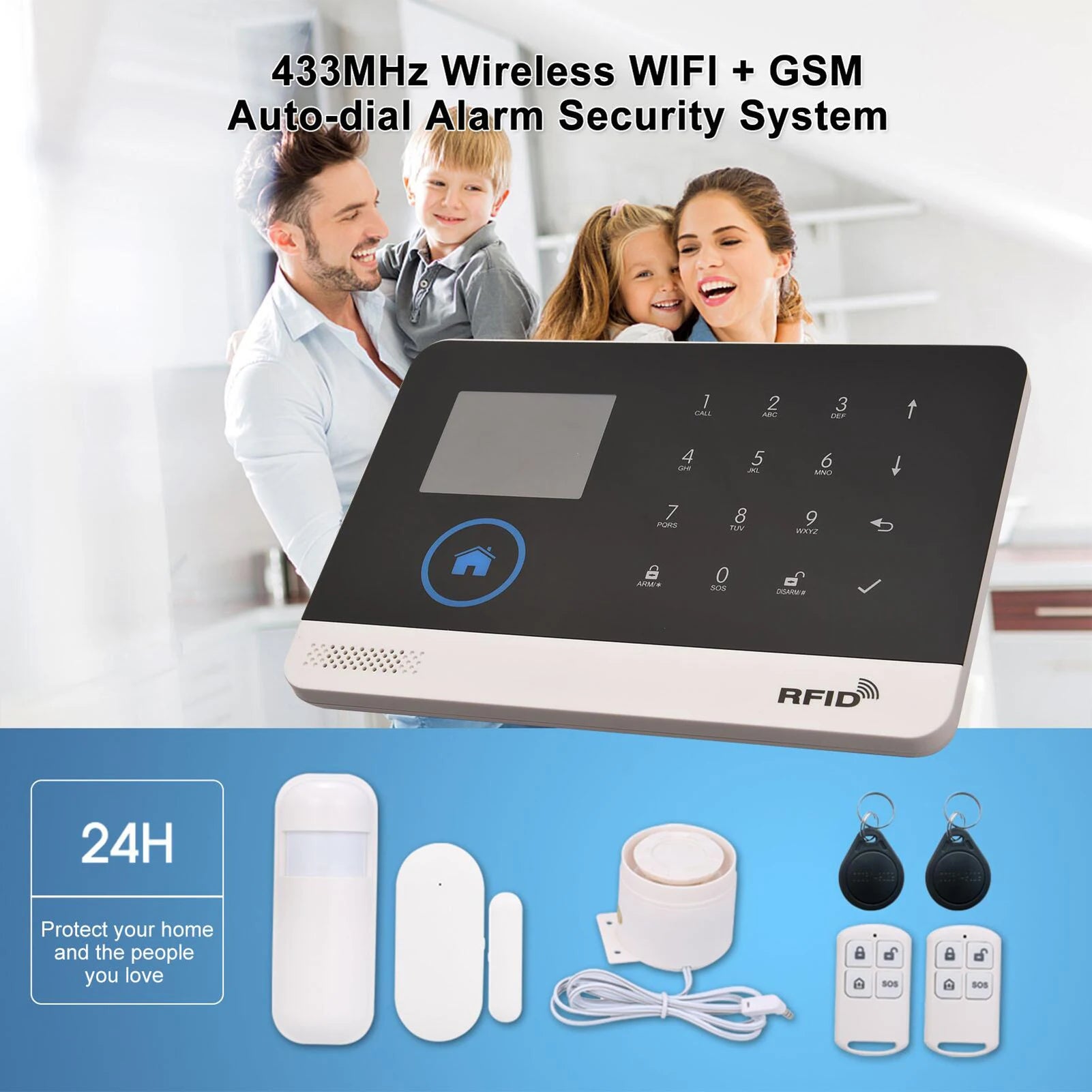 433MHz WiFi + GSM Wireless Home Alarm System with LCD
