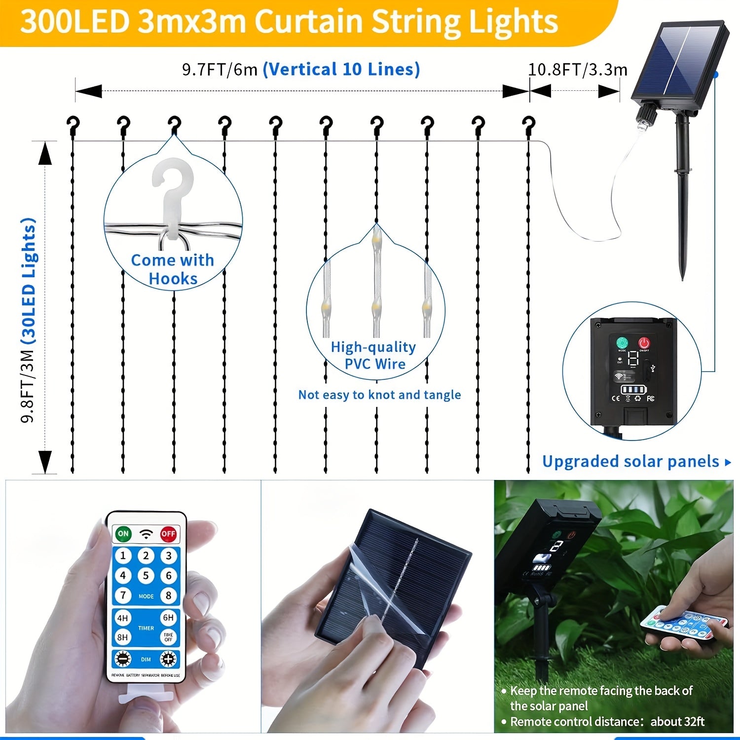 300 LED Solar Curtain Lights – Waterfall Fairy Lights with Remote & USB Rechargeable