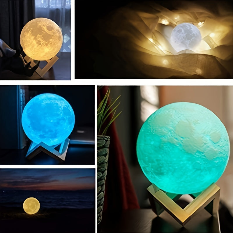 3D Printed Moon Lamp – 16-Color LED with Remote & Wooden Base