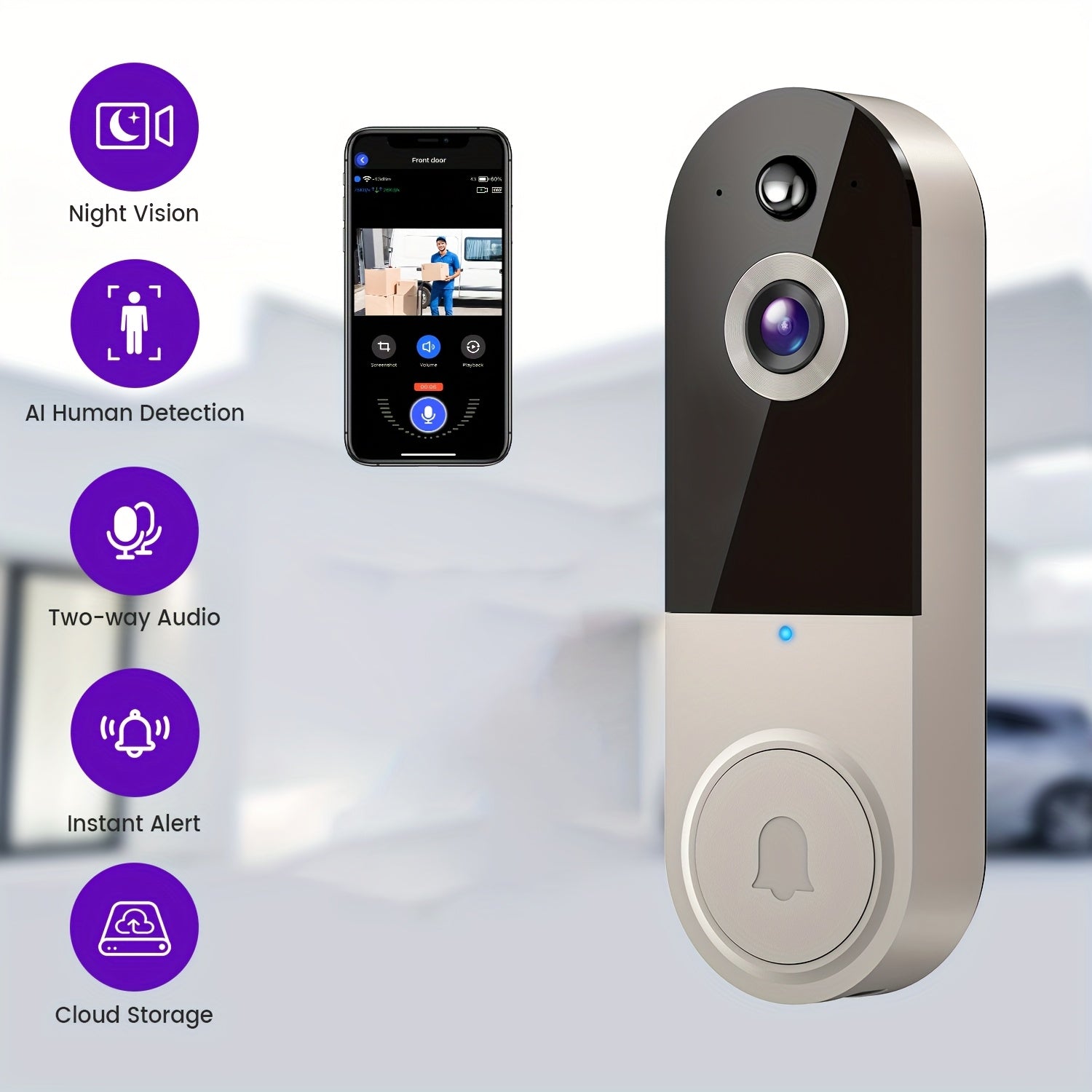 1080P HD Smart Video Doorbell with AI Detection & Night Vision