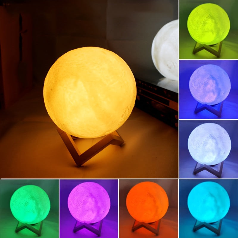 3D Printed Moon Lamp – 16-Color LED with Remote & Wooden Base